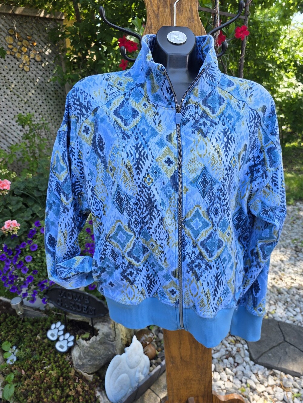 Vtg Northern Reflections Blue Tonal Geometric Batik Print Zip-Up Jacket Sz M